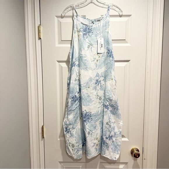 Lungo L’arno MEDIUM 100% Linen Sleeveless Midi Dress Floral A-Line Pockets NWT - Picture 11 of 12